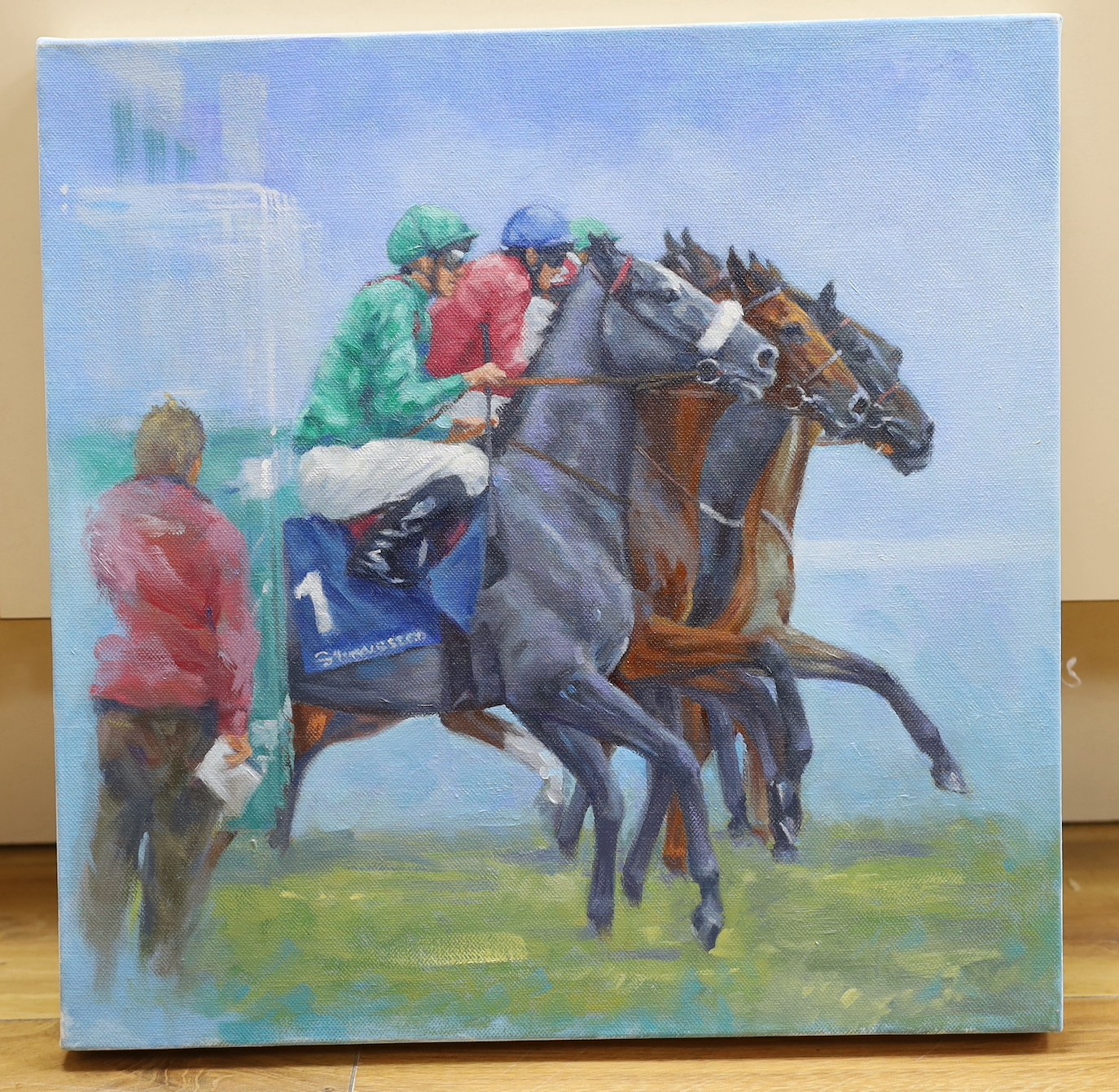 Paul Anthony Lucas, oil on canvas, Racehorses at the start', label verso, 40 x 40cm, unframed